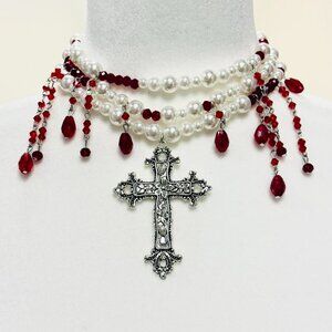 Red and white pearl choker necklace with cross pendant